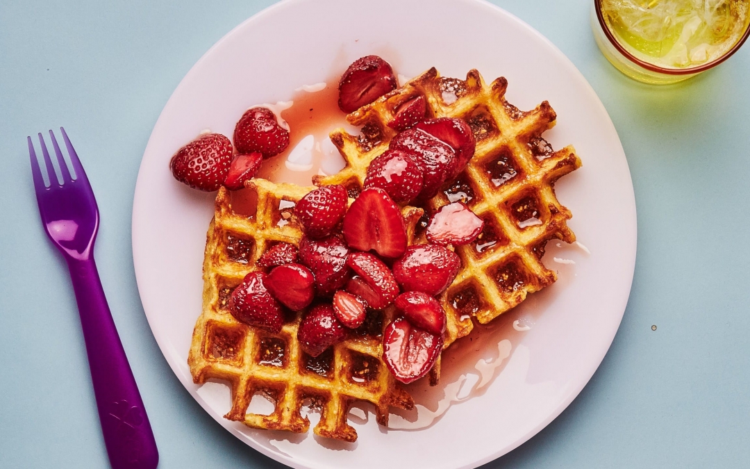Cornmeal Waffles with Strawberry Syrup (Bon Appétit)